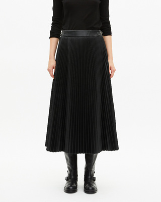 Black leather-effect pleated long skirt