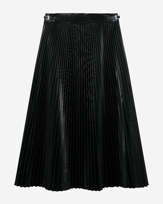 Black leather-effect pleated long skirt