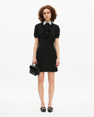 Short black dress with contrasting embroidered collar