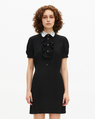 Short black dress with contrasting embroidered collar