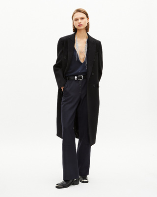 Long black wool double-breasted coat