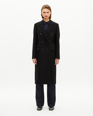Long black wool double-breasted coat