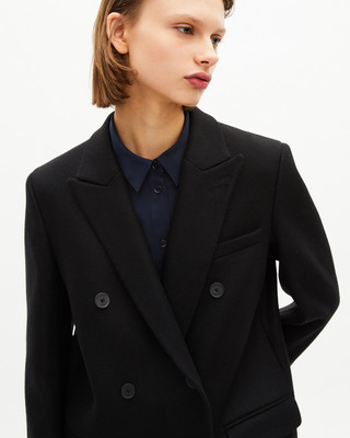 Long black wool double-breasted coat