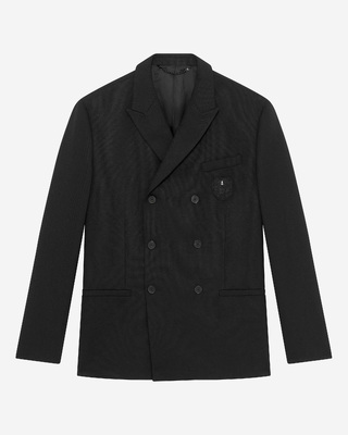 Double-breasted straight jacket with black crest