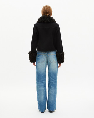 Short black wool jacket with sherpa collar