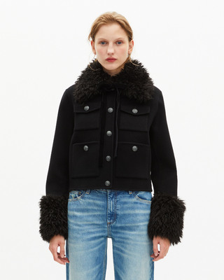 Short black wool jacket with sherpa collar