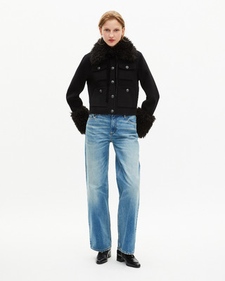 Short black wool jacket with sherpa collar