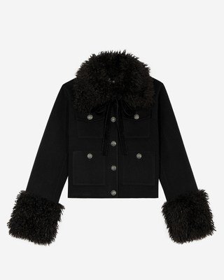 Short black wool jacket with sherpa collar