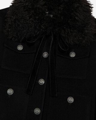 Short black wool jacket with sherpa collar