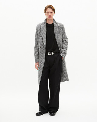 Long black and white wool houndstooth coat