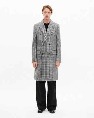 Long black and white wool houndstooth coat