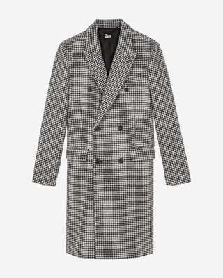 Long black and white wool houndstooth coat