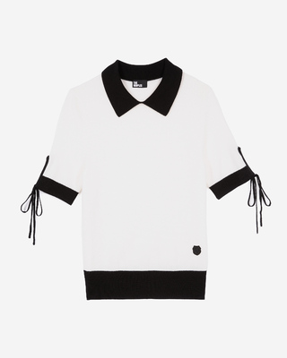 Short-sleeved ecru wool sweater