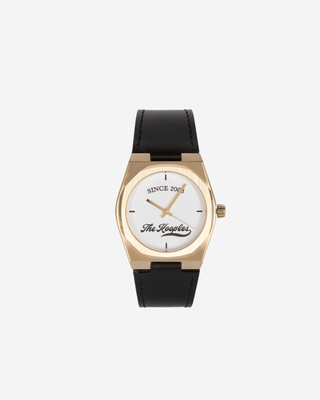Watch with logo and black leather strap