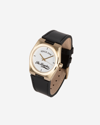 Watch with logo and black leather strap