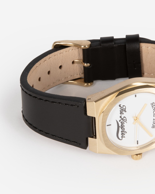 Watch with logo and black leather strap