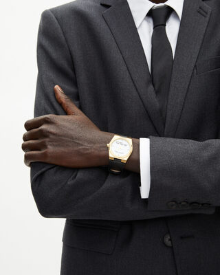 Watch with logo and black leather strap