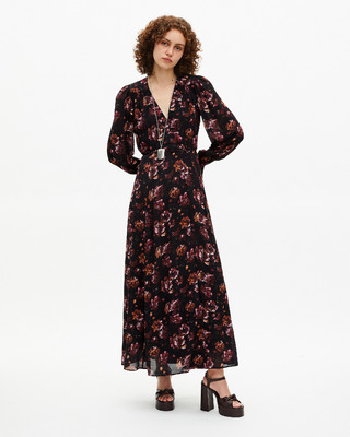 Burgundy silk blend floral print long dress