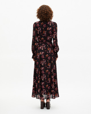 Burgundy silk blend floral print long dress