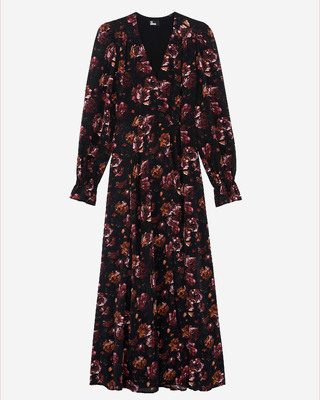 Burgundy silk blend floral print long dress