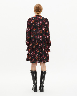 Rose print short dress in burgundy silk blend