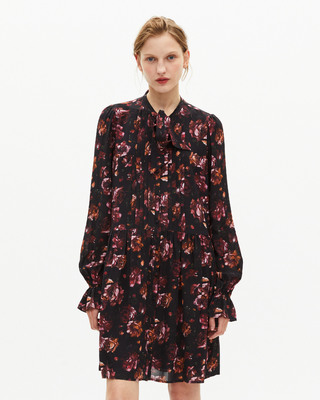 Rose print short dress in burgundy silk blend