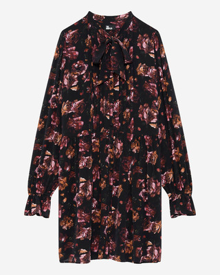 Rose print short dress in burgundy silk blend