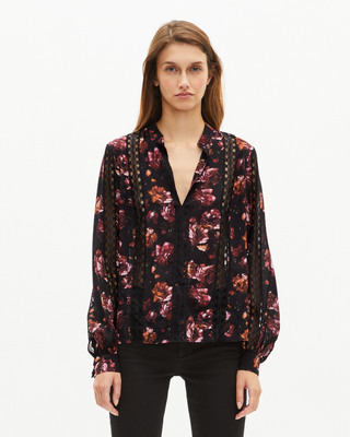 Rose-print blouse in burgundy silk blend