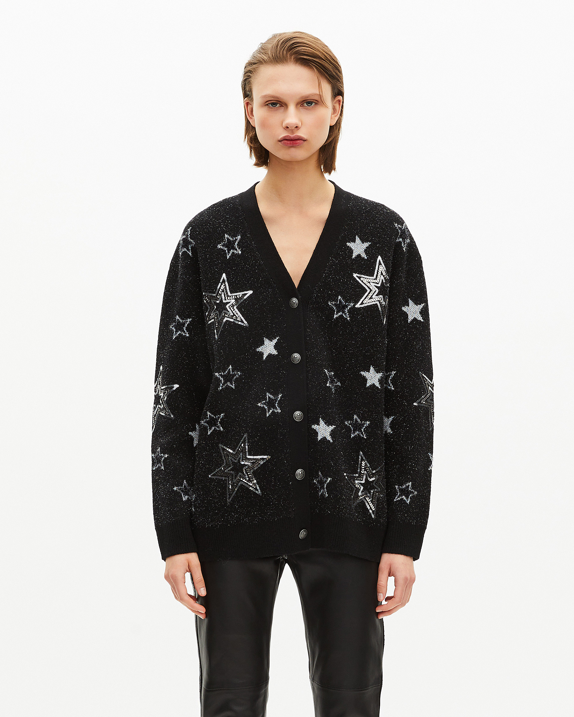 Black sequin star pattern wool cardigan