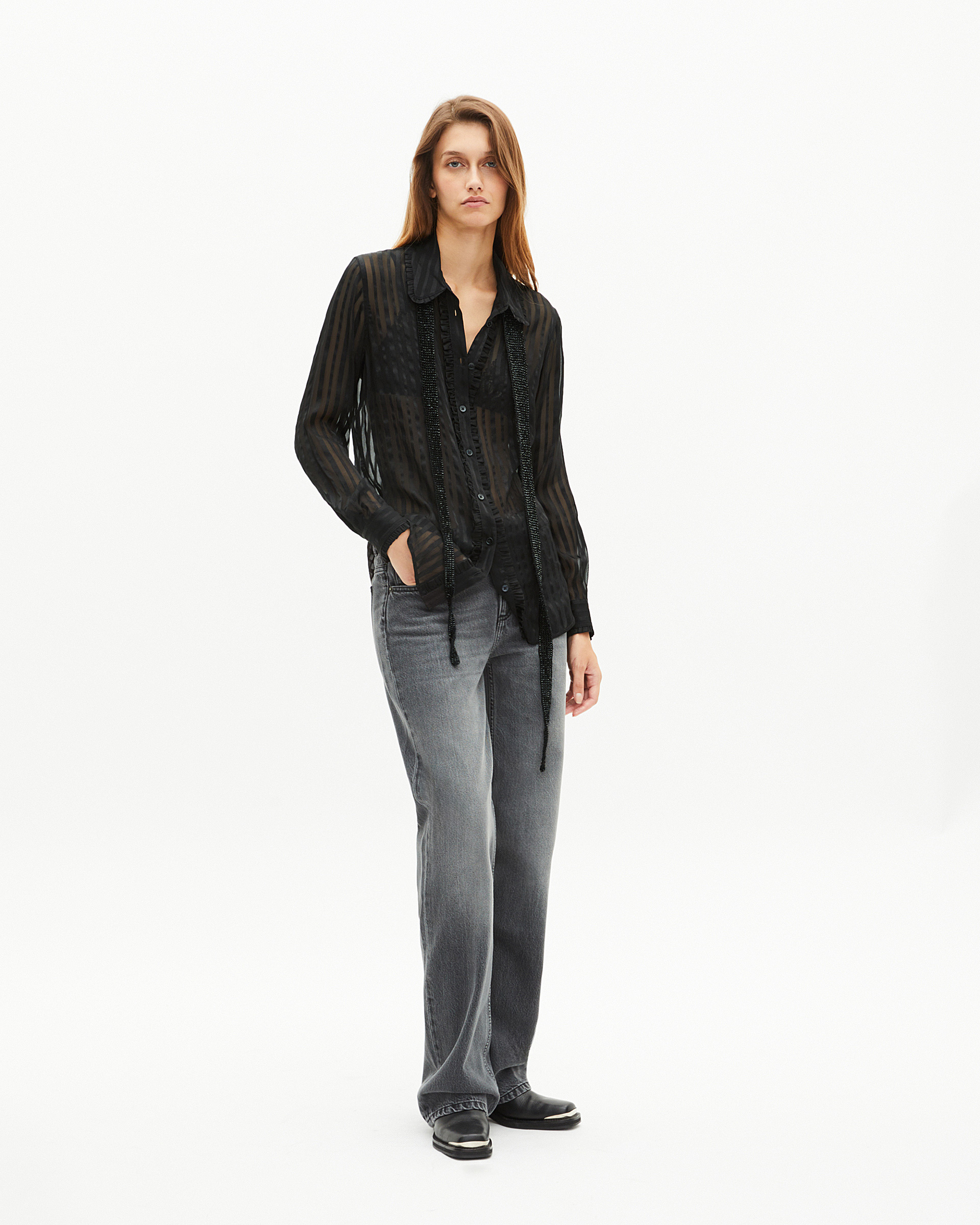 Black silk ruffled shirt