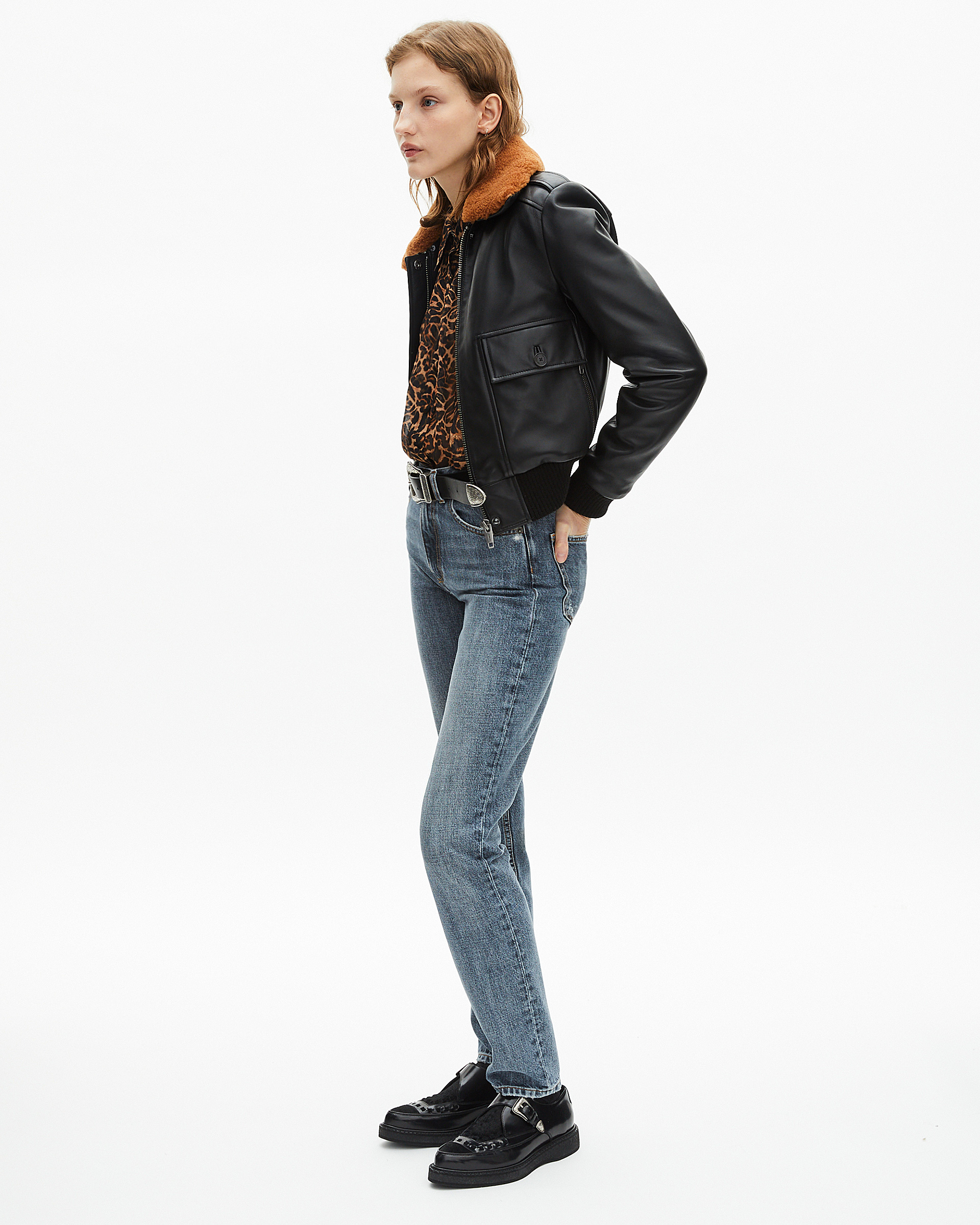 Short black smooth leather jacket with sherpa collar