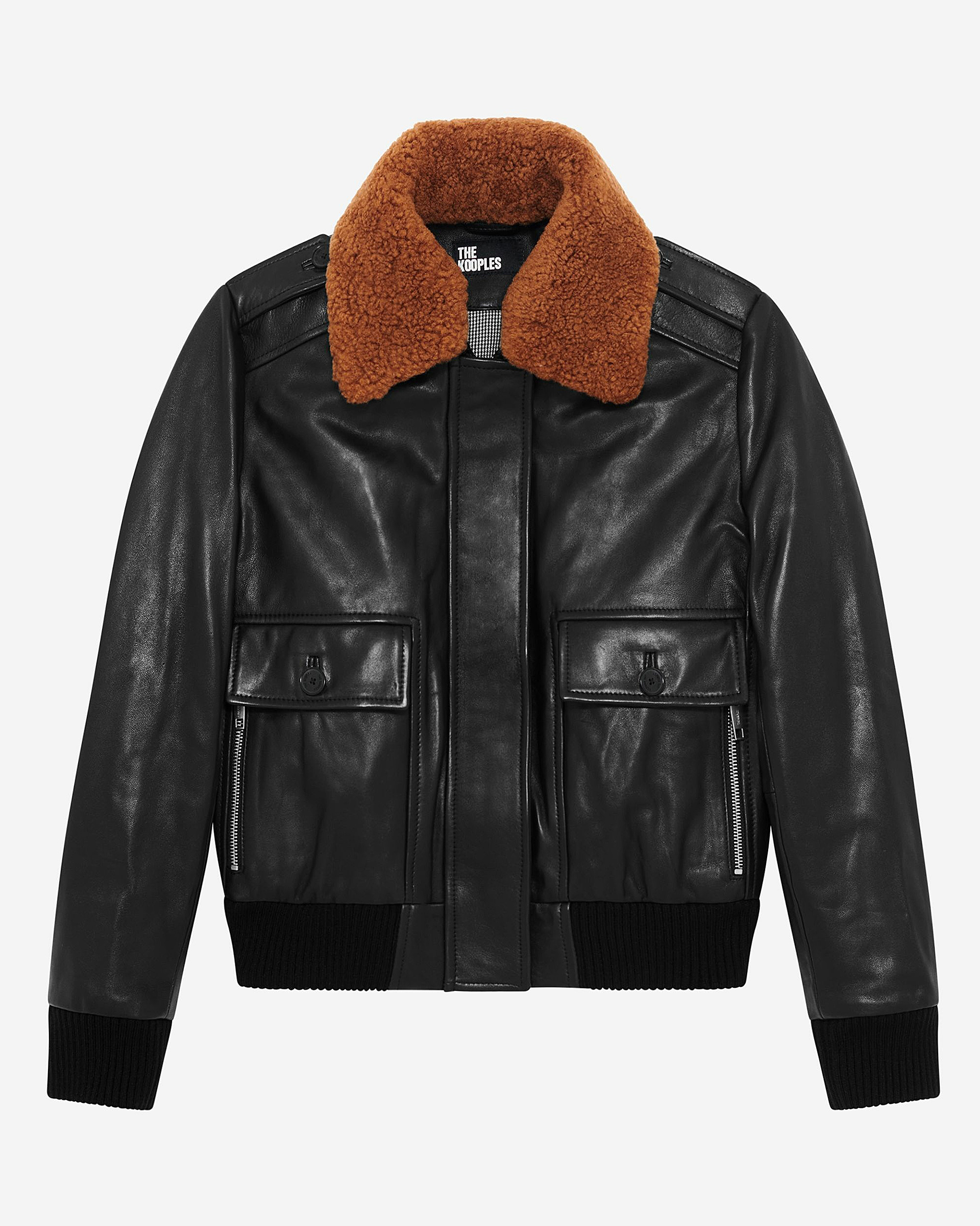 Short black smooth leather jacket with sherpa collar