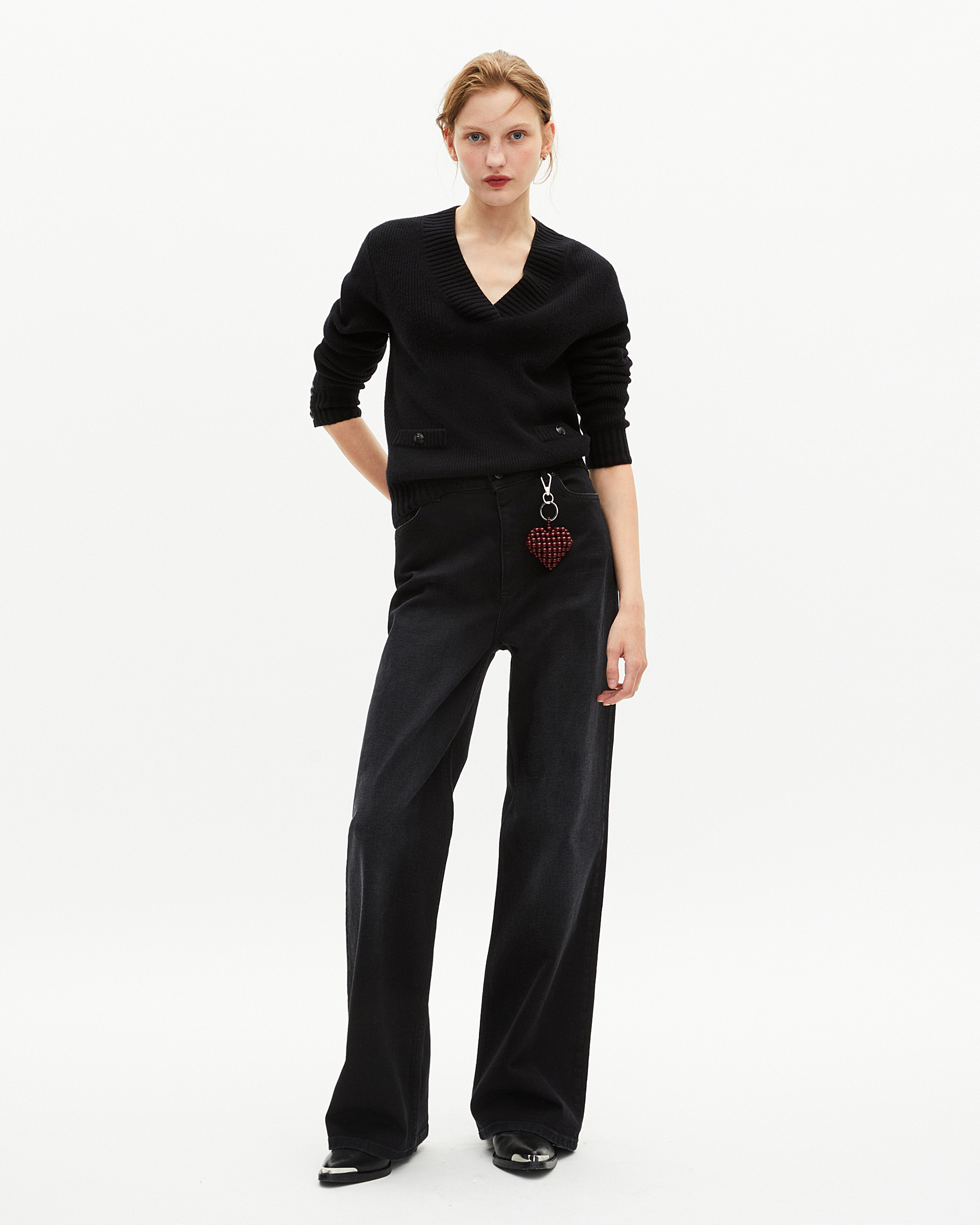 Black merino wool V-neck sweater