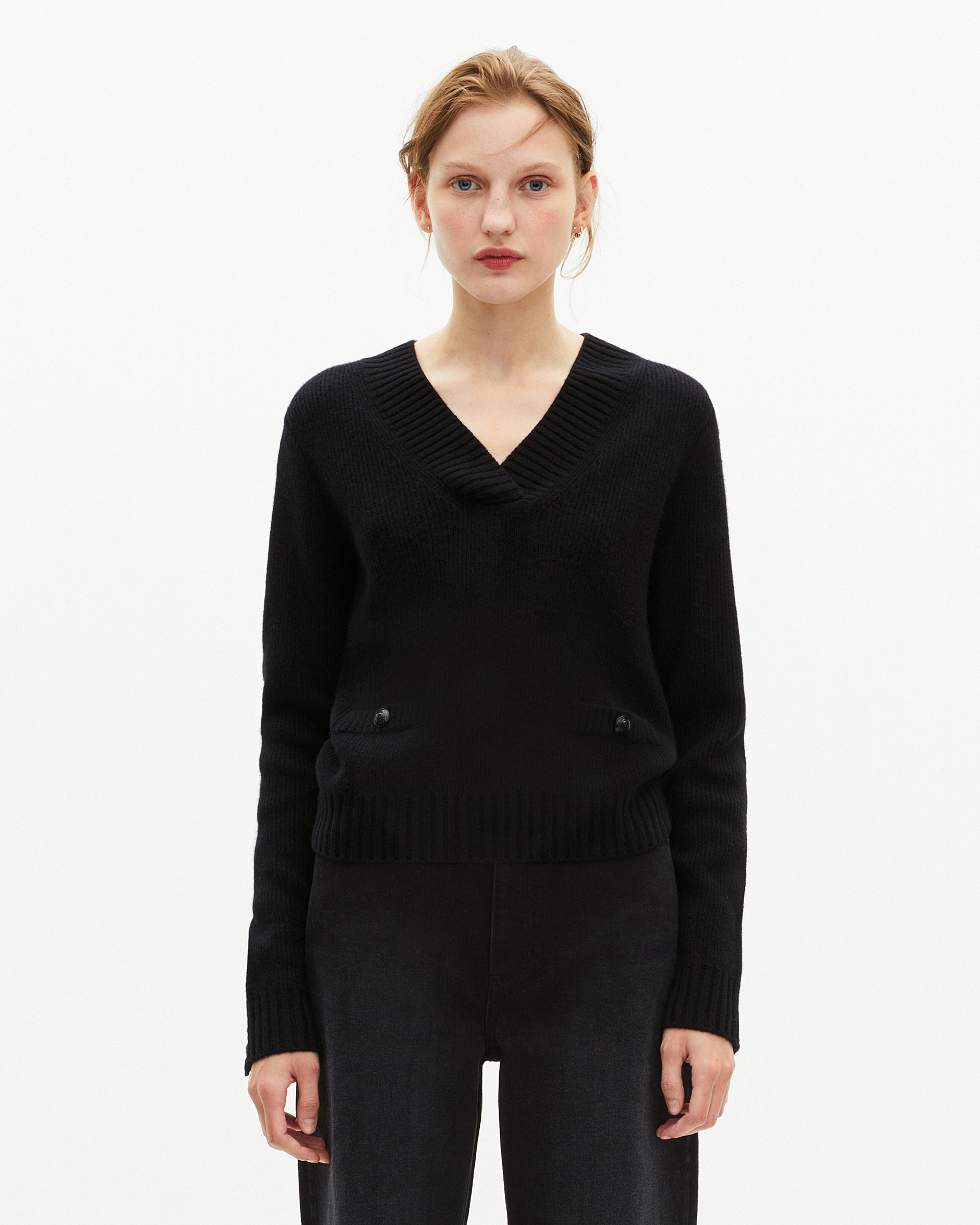 Black merino wool V-neck sweater