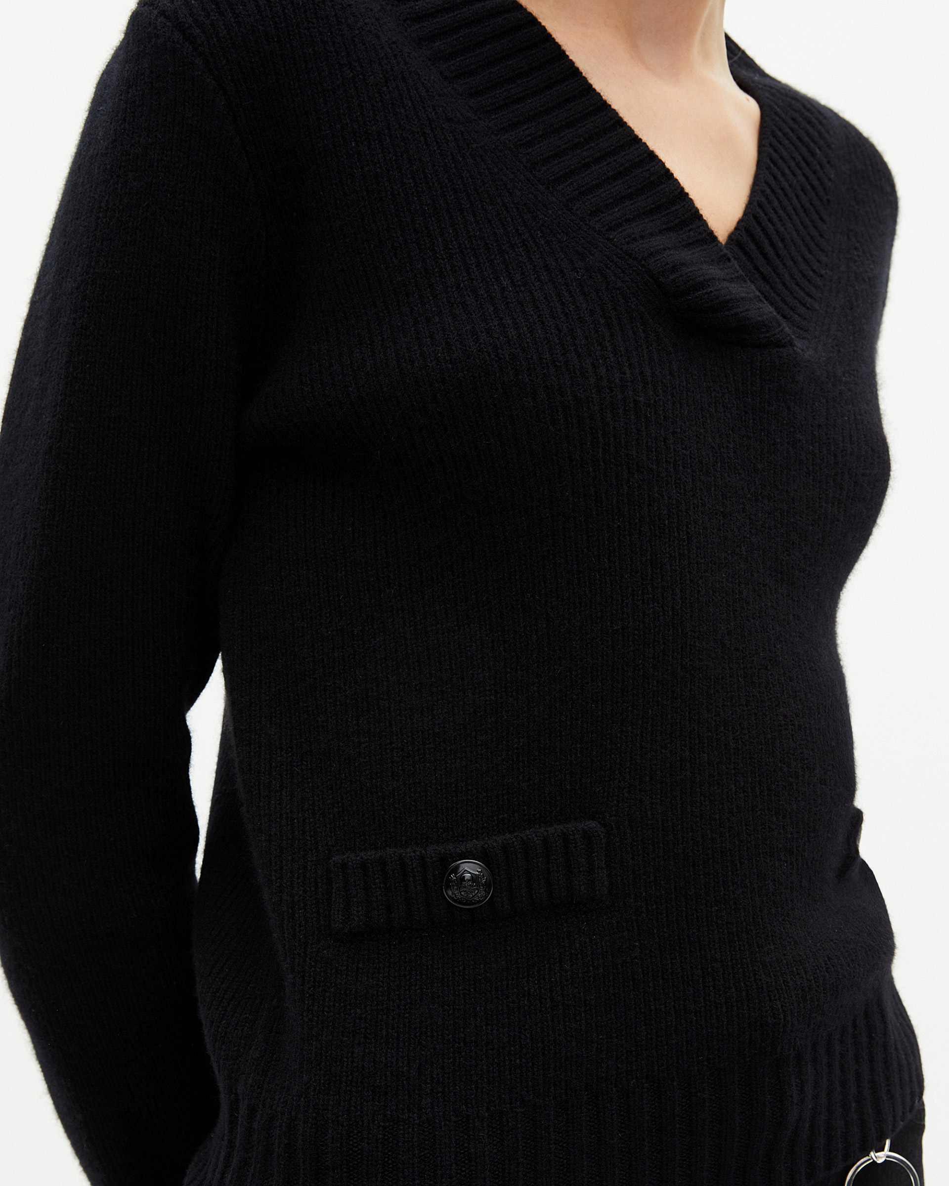 Black merino wool V-neck sweater