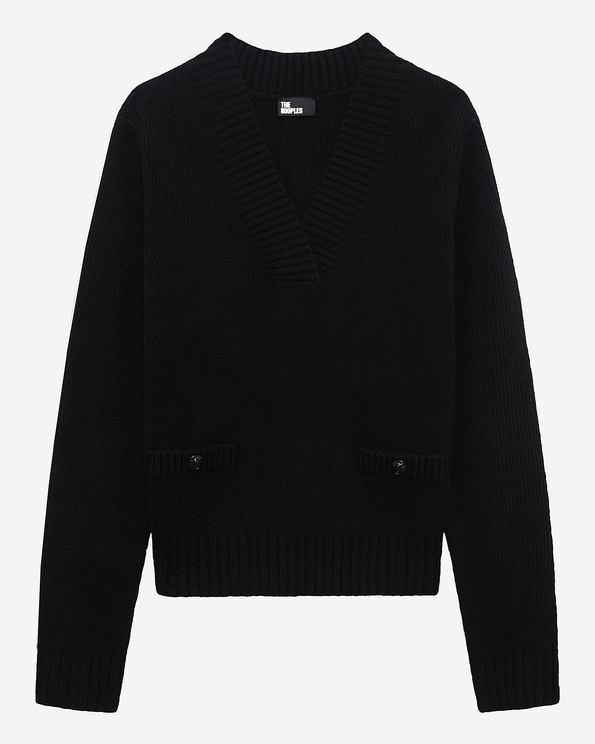 Black merino wool V-neck sweater