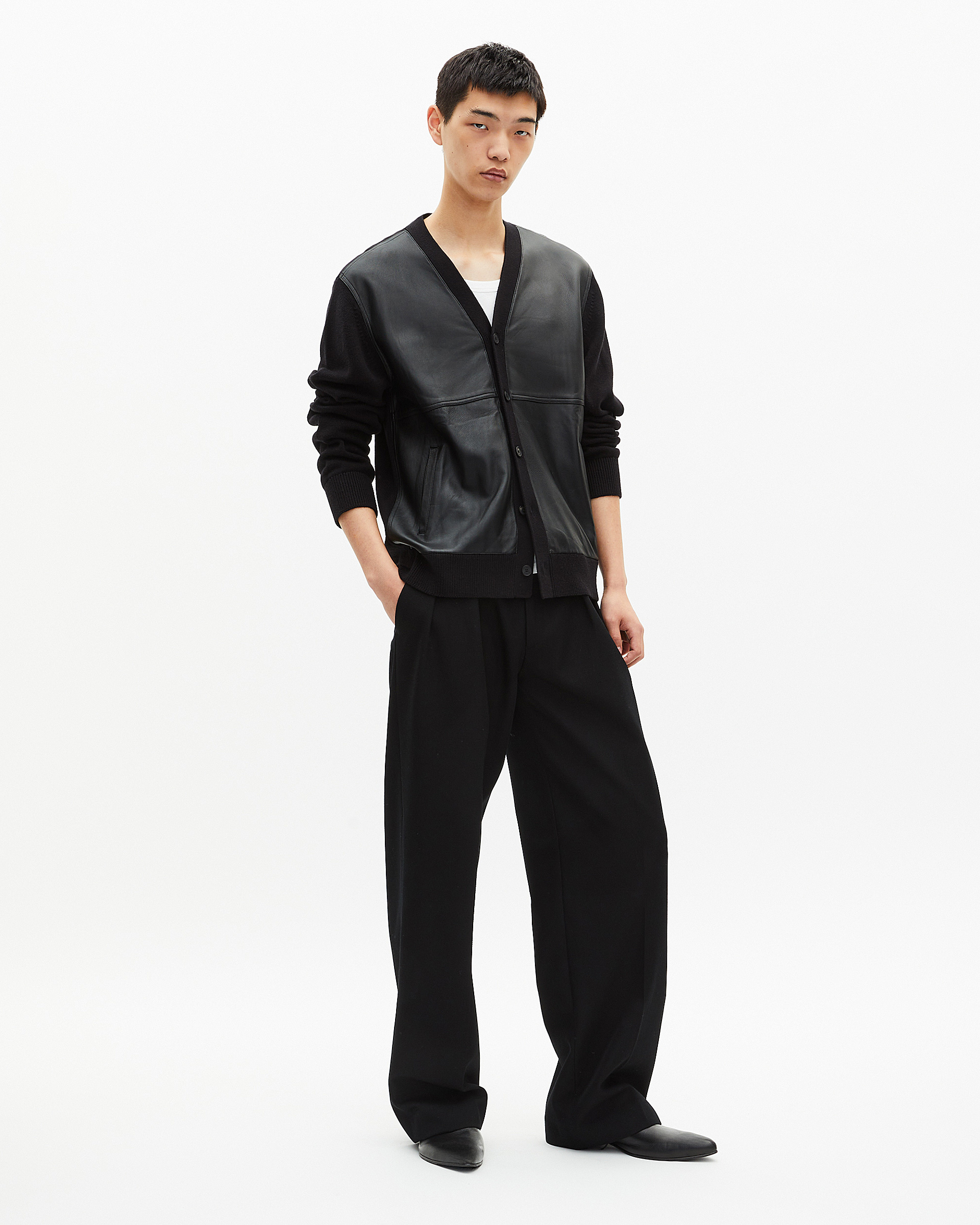 Two-material button-down cardigan with black leather