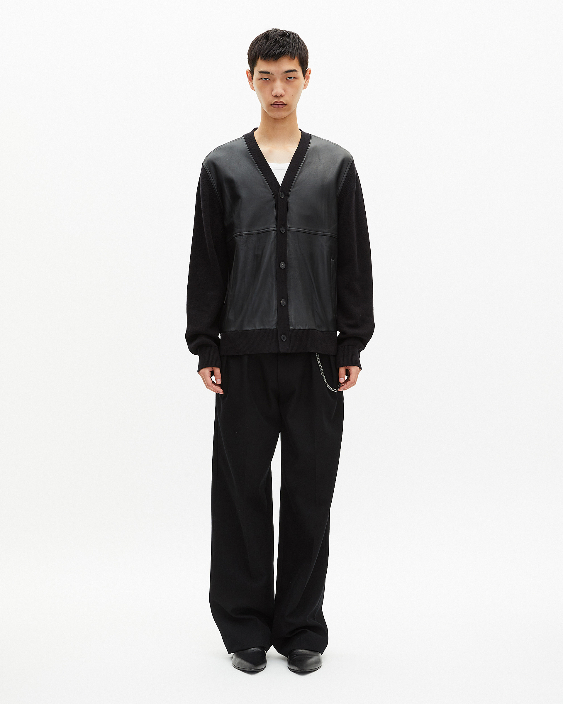 Two-material button-down cardigan with black leather