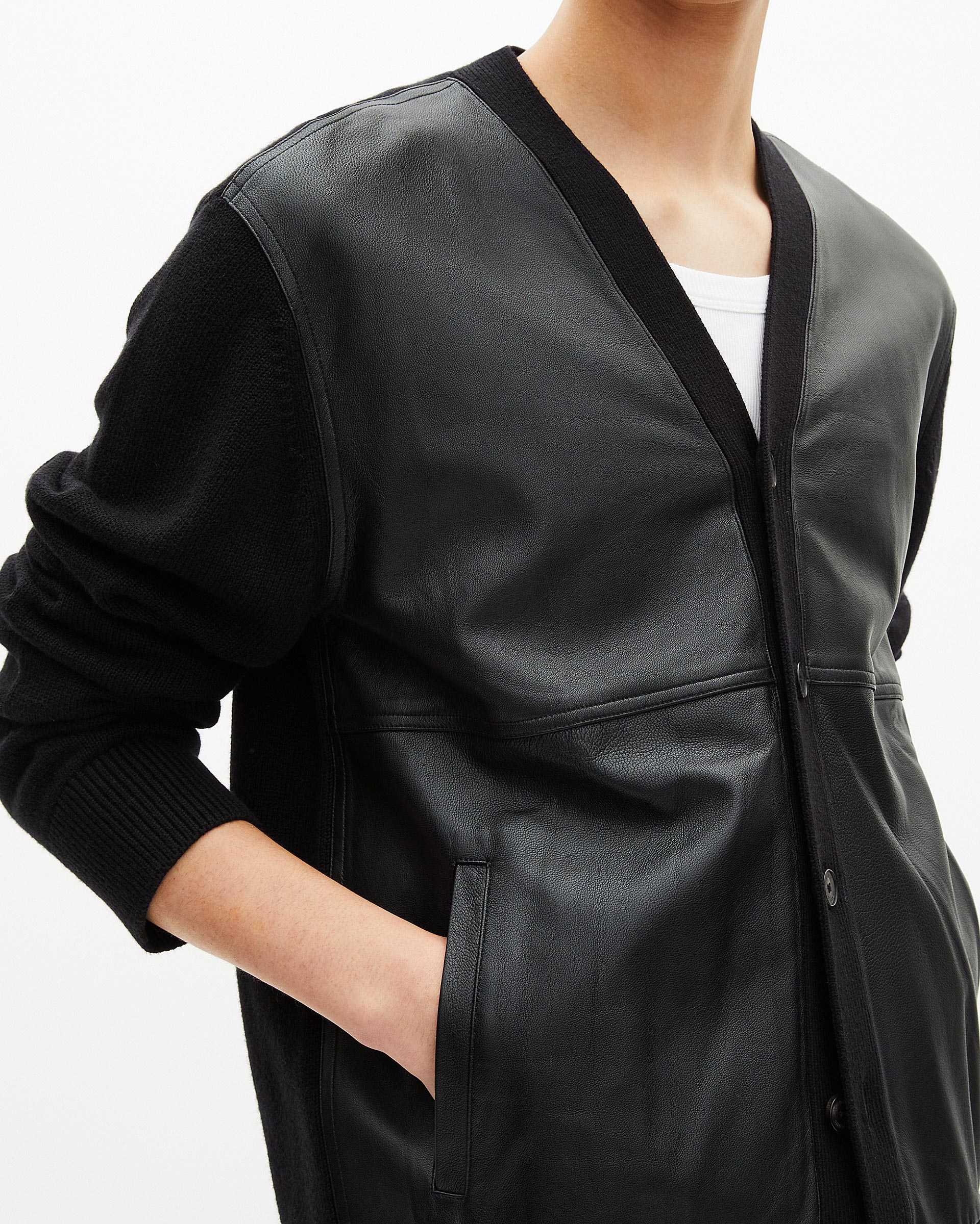Two-material button-down cardigan with black leather