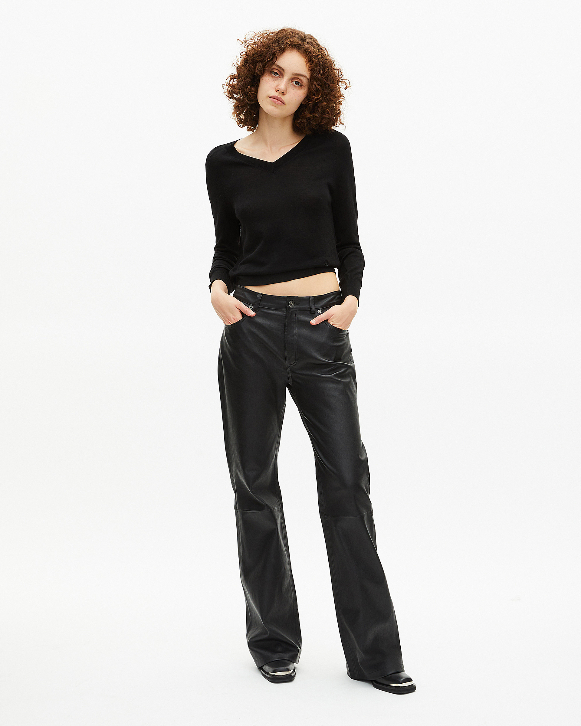 Black merino wool V-neck sweater