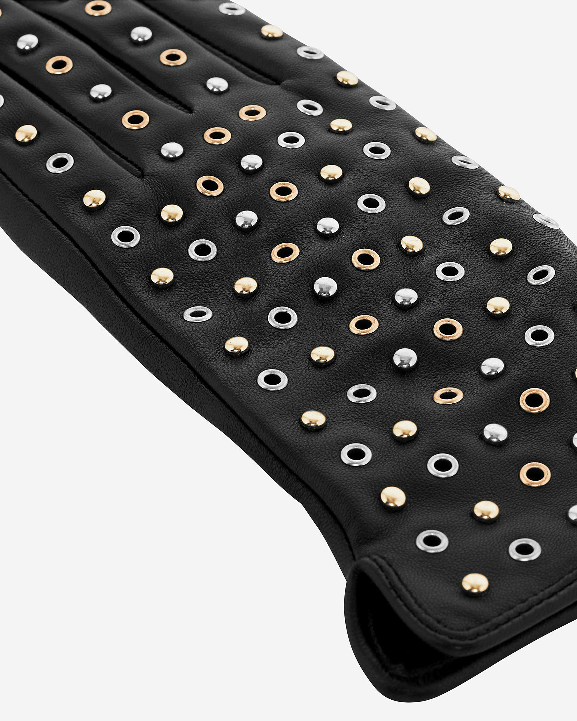 Leather gloves with black studs and eyelets