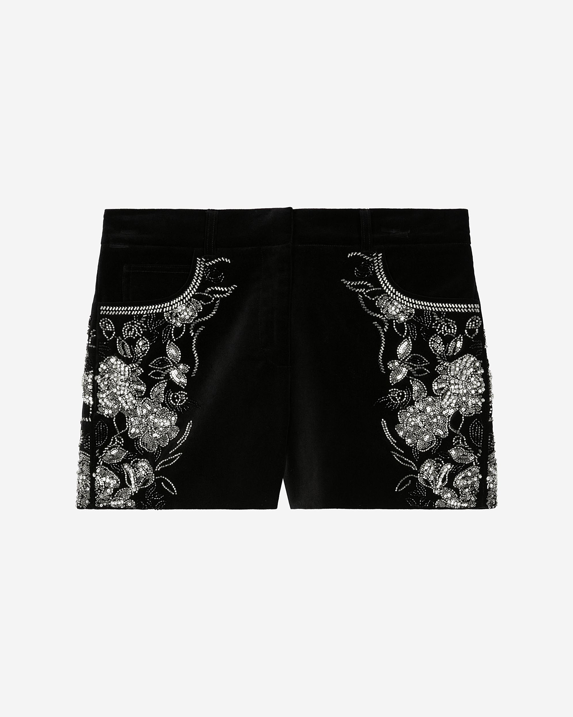 Black velvet shorts embroidered with rhinestones and pearls