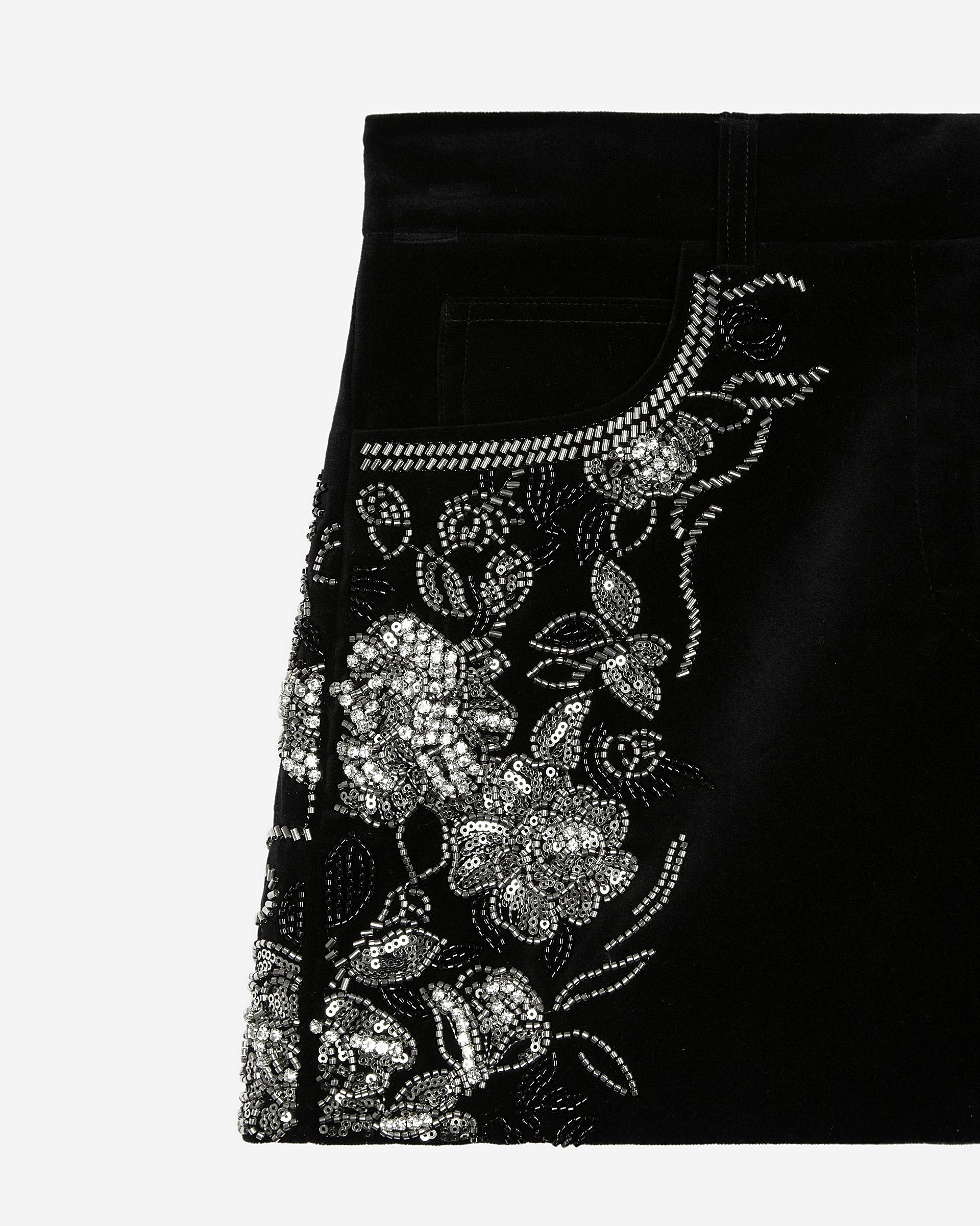 Black velvet shorts embroidered with rhinestones and pearls