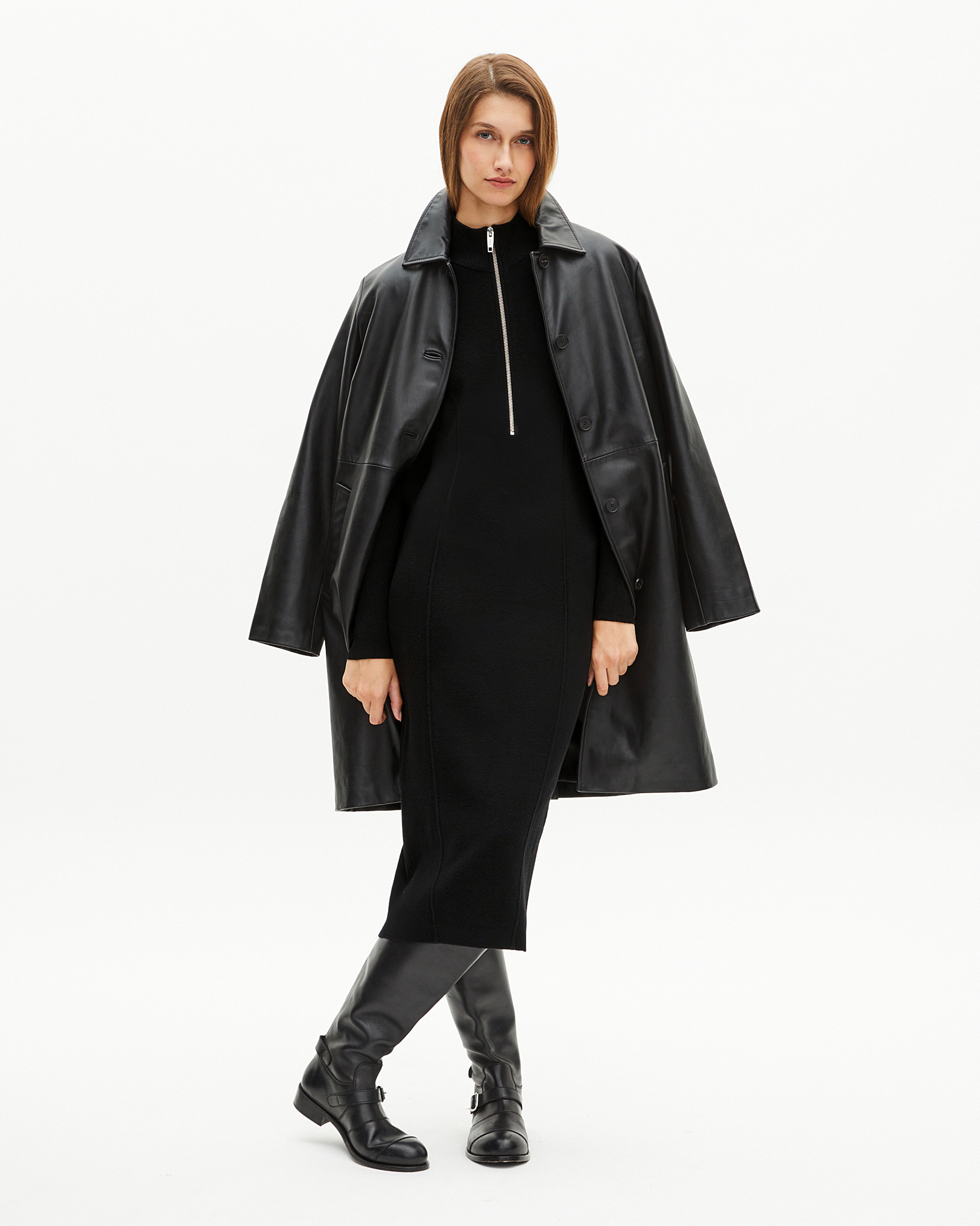 Long black wool-blend dress with zipped collar