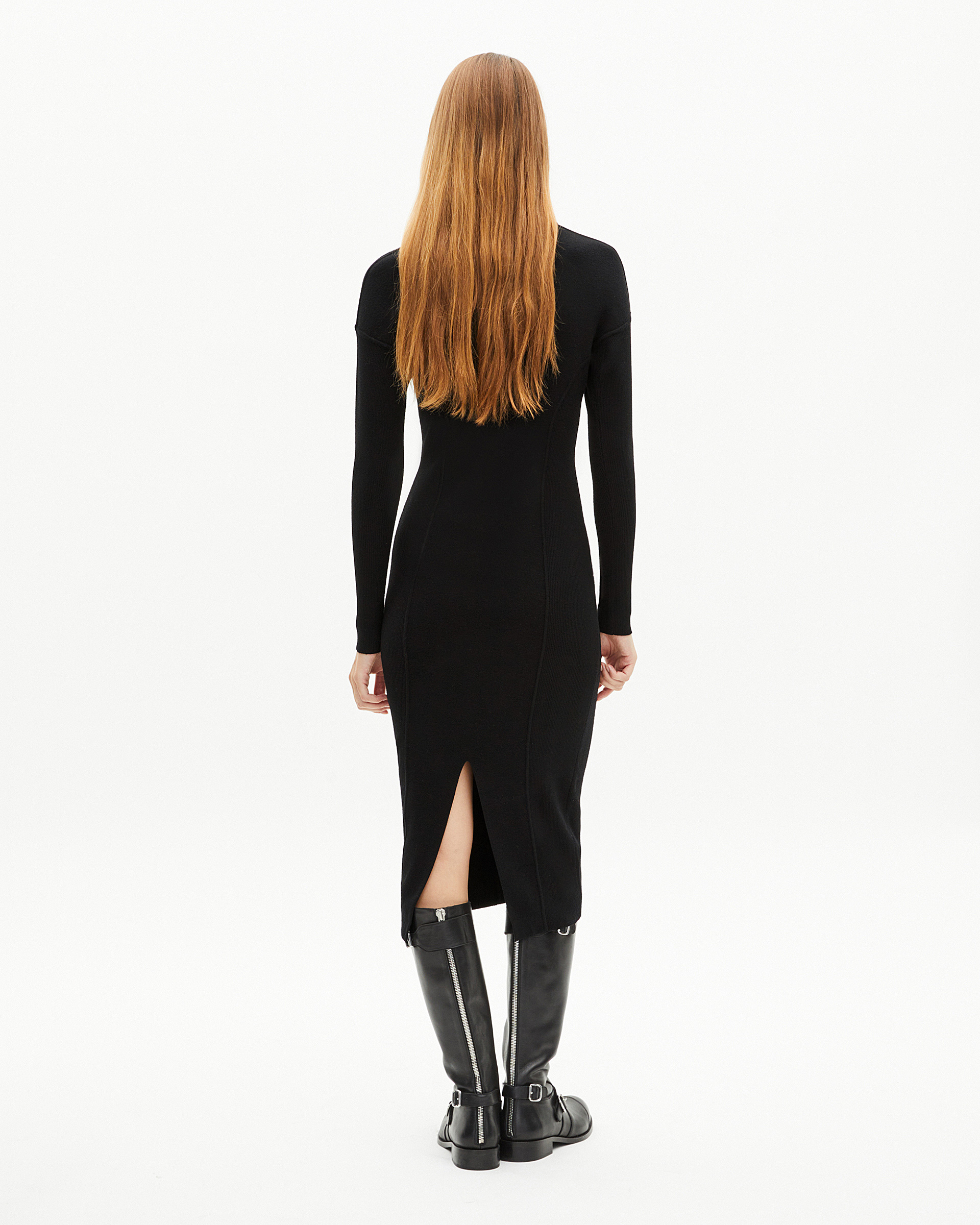 Long black wool-blend dress with zipped collar