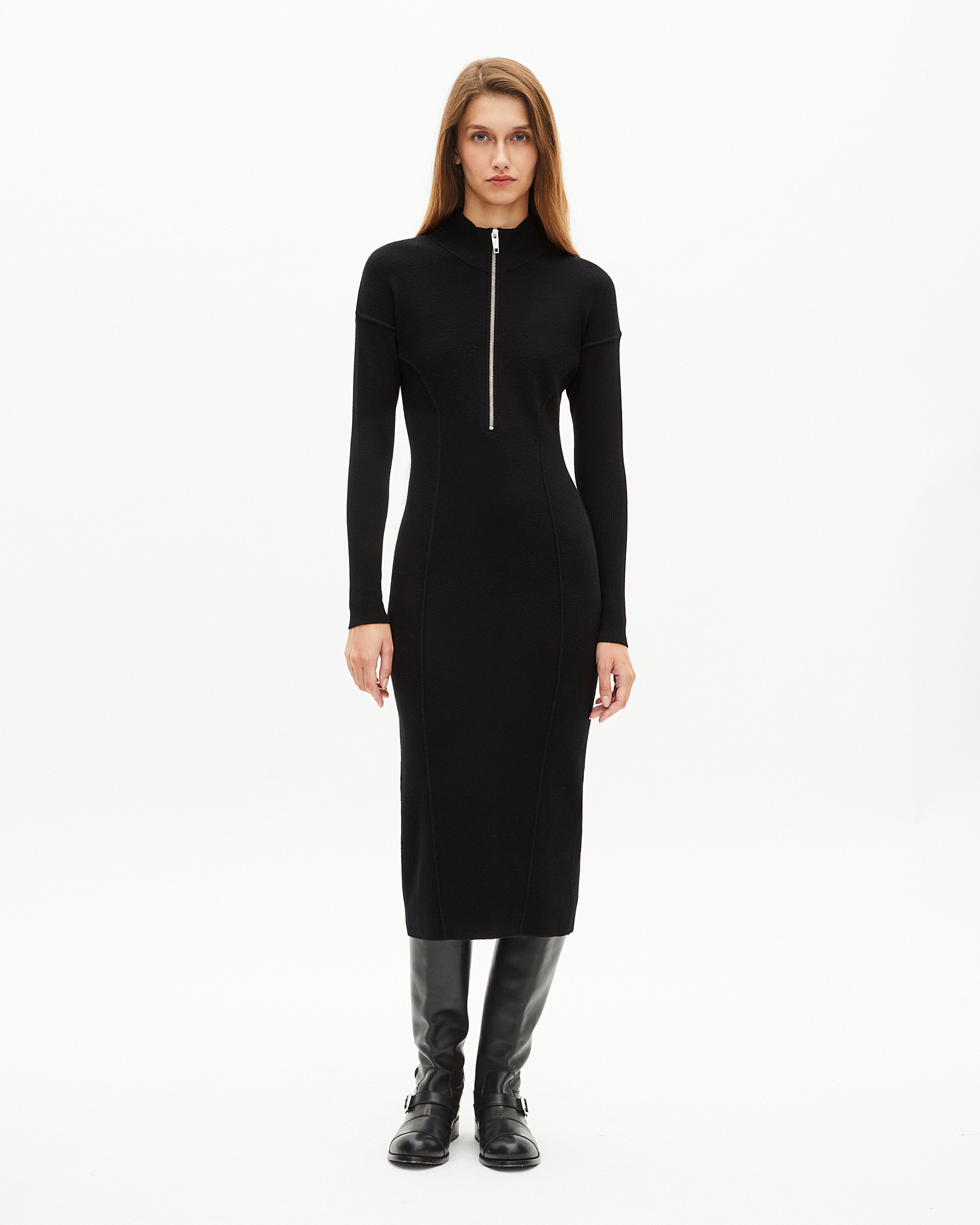 Long black wool-blend dress with zipped collar