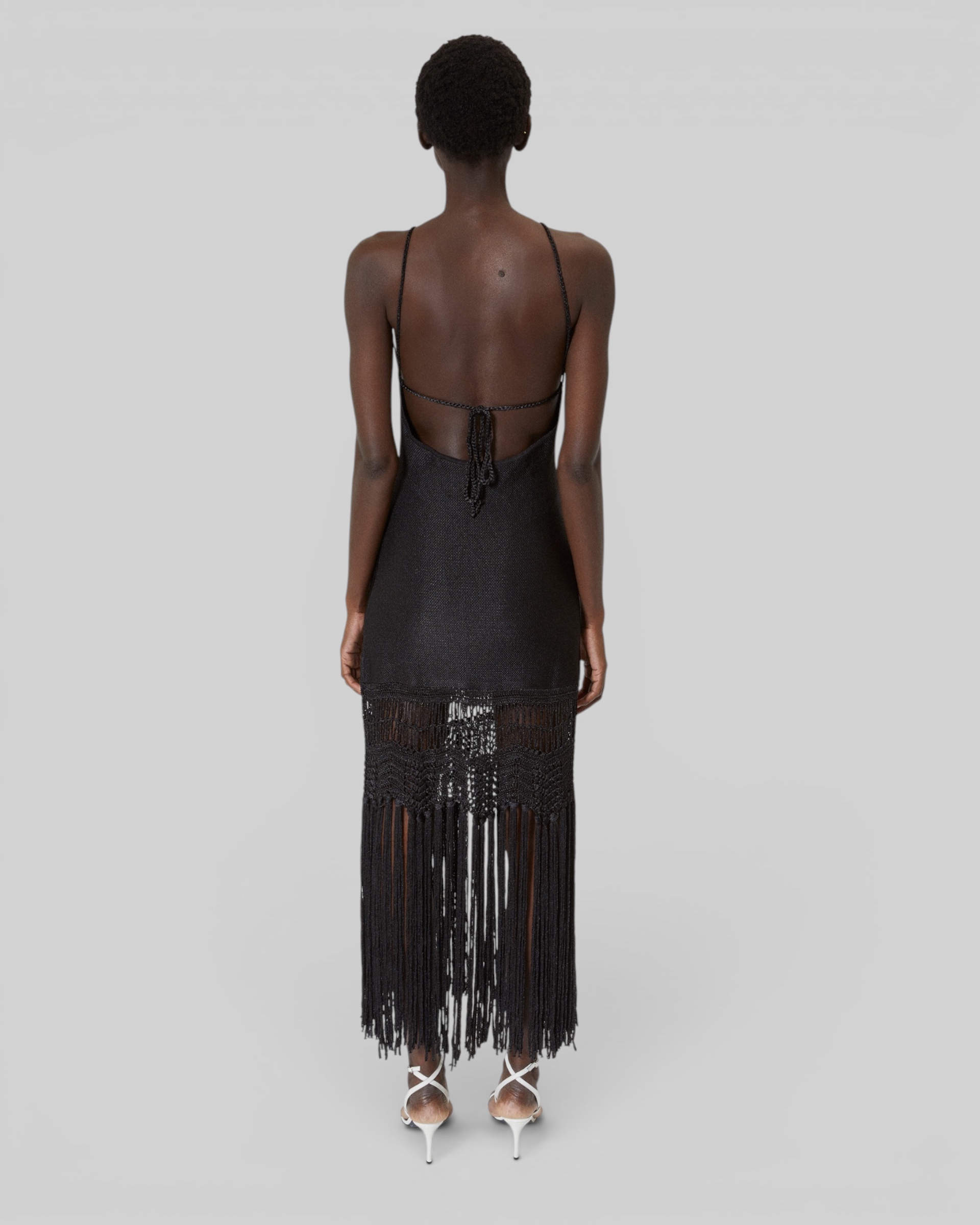 Black mesh halter dress with bangs