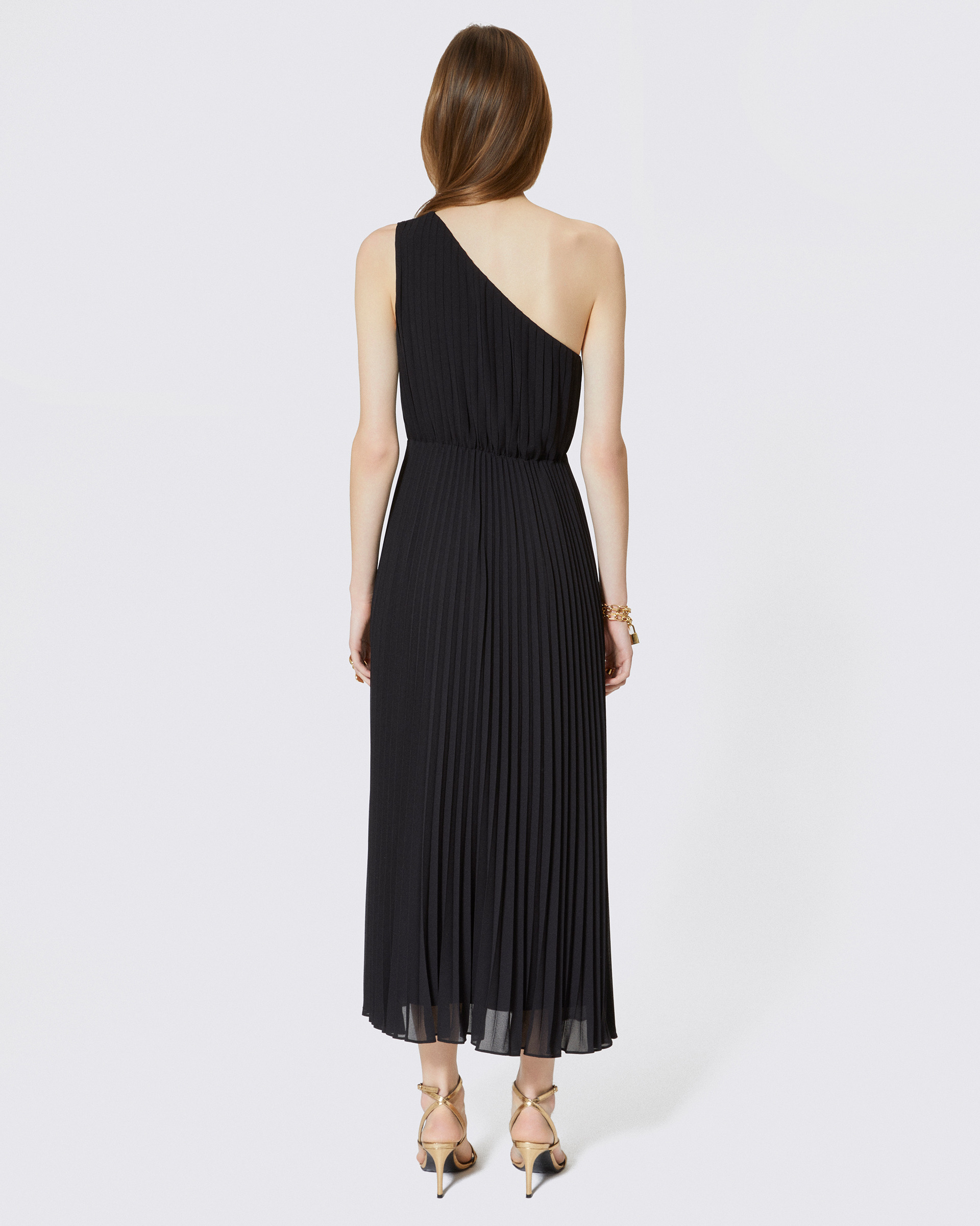 Black asymmetrical pleated maxi dress
