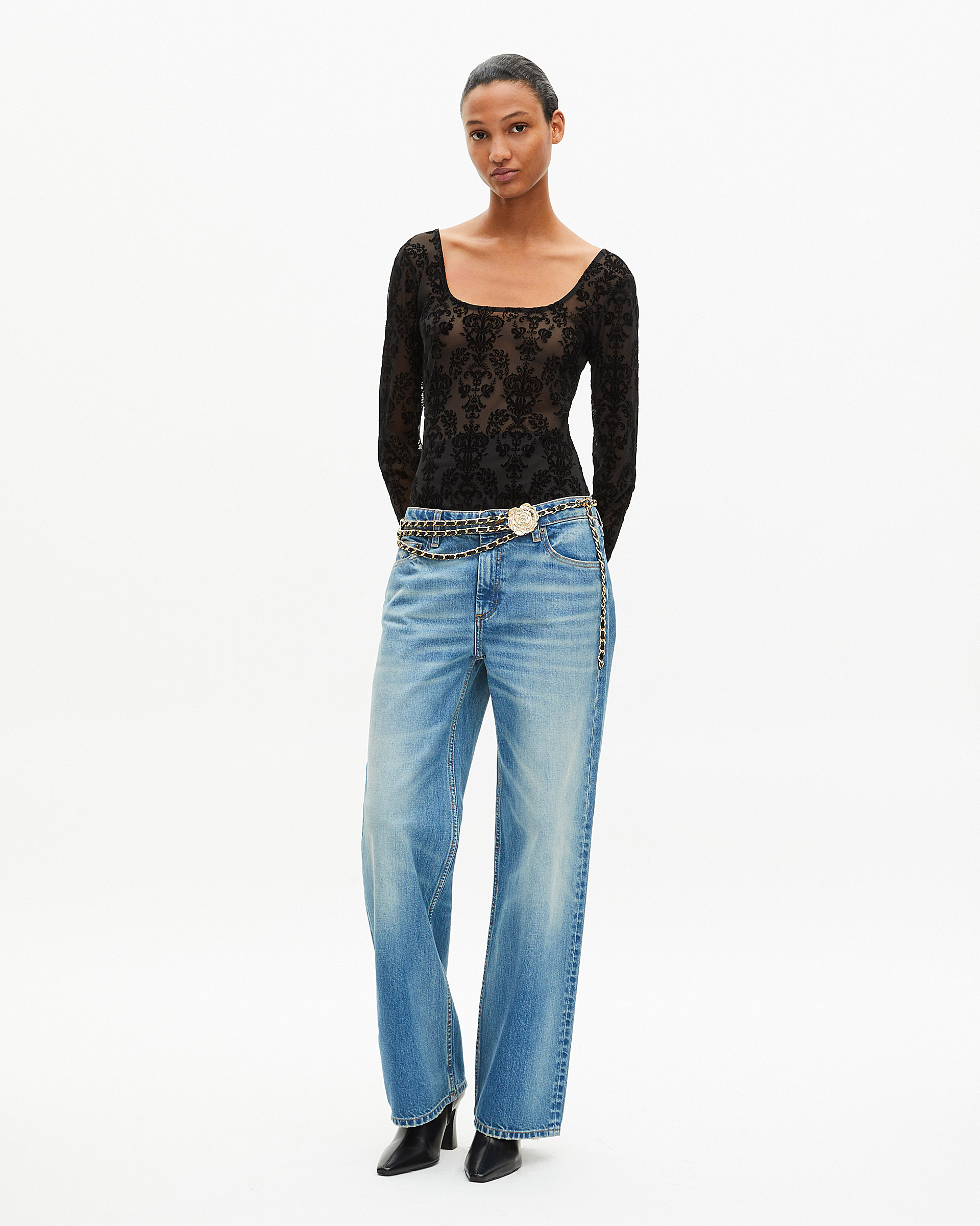 Mesh bodysuit with black flocking