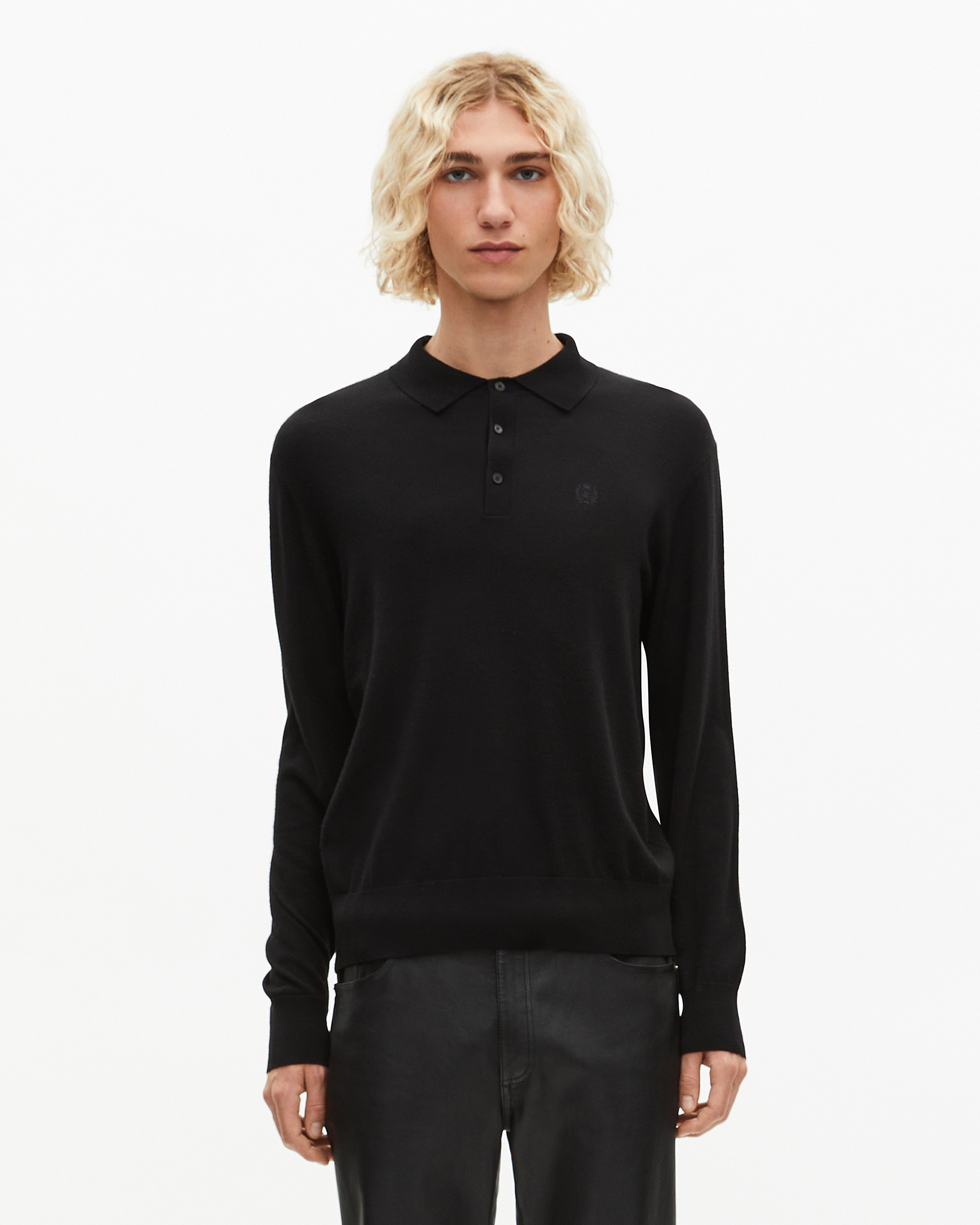 Black merino wool polo-neck sweater